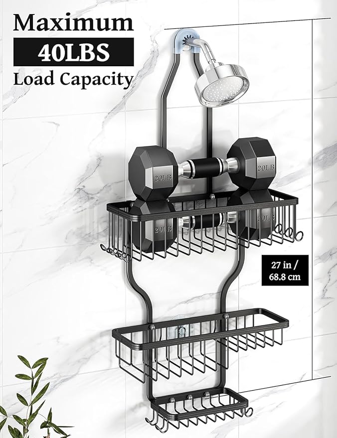 YASONIC Never-Rust Aluminum Hanging Shower Caddy – Over-the-Showerhead Organizer with 10 Hooks for Razor and Sponge – Includes Soap Basket – Black