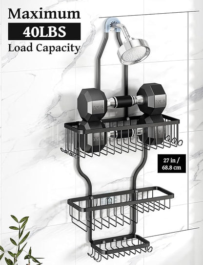 YASONIC Never-Rust Aluminum Hanging Shower Caddy – Over-the-Showerhead Organizer with 10 Hooks for Razor and Sponge – Includes Soap Basket – Black