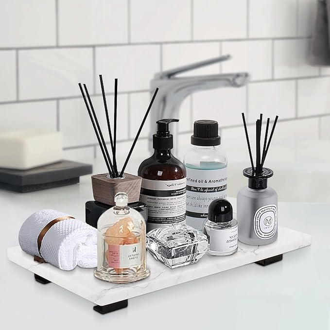 Bathroom Vanity Tray and White Marble Kitchen Soap Tray, Luxurious Small Accessory for Table/Countertop (Black-Rectangle, 10" x 6" x 1")