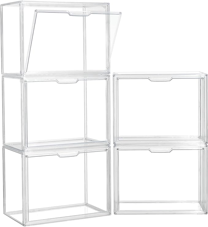 ZLLZUU Clear Storage Bins with Lids, 5 Pack Acrylic Display Case with Magnetic Door for Cosmetic Collectibles Large Figures Models, Stackable Acrylic Storage Box for Home Office Living Room Dorm