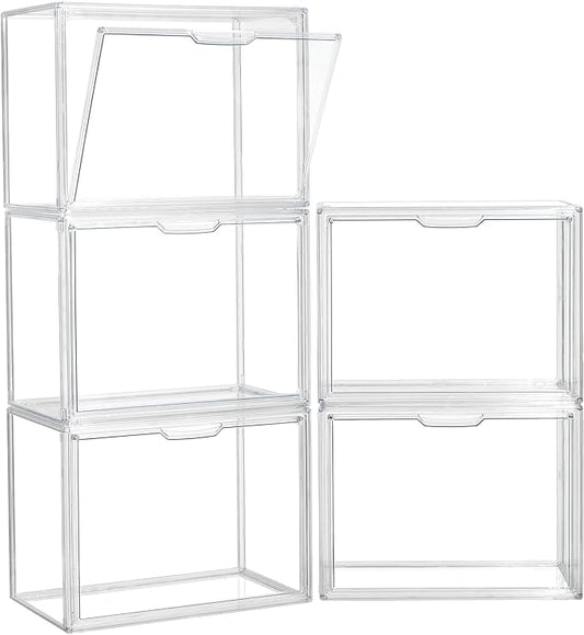 ZLLZUU Clear Storage Bins with Lids, 5 Pack Acrylic Display Case with Magnetic Door for Cosmetic Collectibles Large Figures Models, Stackable Acrylic Storage Box for Home Office Living Room Dorm