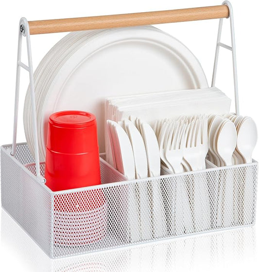 Paper Plate Organizer with Handle for Countertop, Metal Silverware Caddy for Cup, Napkin, Fork and Spoon, Paper Plate and Utensil Holder, Cutlery Caddy for Party, Camping, Picnic (White)