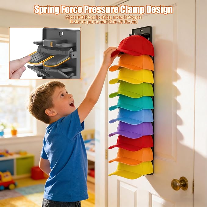 Hat Organizer for Baseball Caps 2 Packs with Built-in Spring Clips, Wall Mount Closet Hat Rack Holder for Up to 20 Hats, Storage Display for Door/Closet with Strong Adhesive & Screws (Matte Black)