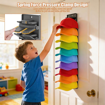 Hat Organizer for Baseball Caps 2 Packs with Built-in Spring Clips, Wall Mount Closet Hat Rack Holder for Up to 20 Hats, Storage Display for Door/Closet with Strong Adhesive & Screws (Matte Black)