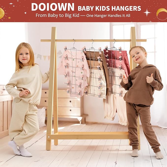 DOIOWN 6-Tier Baby Hangers with Clips - Space Saving Kids Pants Hangers for Babies & Kids Pant,Clothe,Adjustable Toddler Clothes Hanger for Newborn Children Closet Organization Pink 2Pack