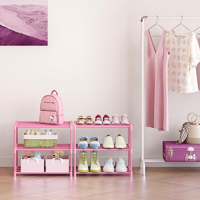 HITHIM 3-Tier Pink Shoe Racks for Women/Girls/Kids' Closet, Small Shoe Storage for 5-7 Pairs, Lightweight Stackable Shoe Shelf Organizer for Entryway, Front Door Entrance, Bedroom