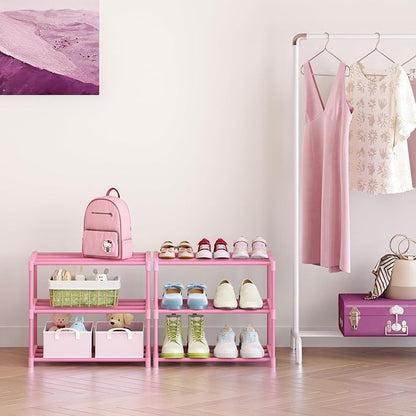 HITHIM 3-Tier Pink Shoe Racks for Women/Girls/Kids' Closet, Small Shoe Storage for 5-7 Pairs, Lightweight Stackable Shoe Shelf Organizer for Entryway, Front Door Entrance, Bedroom