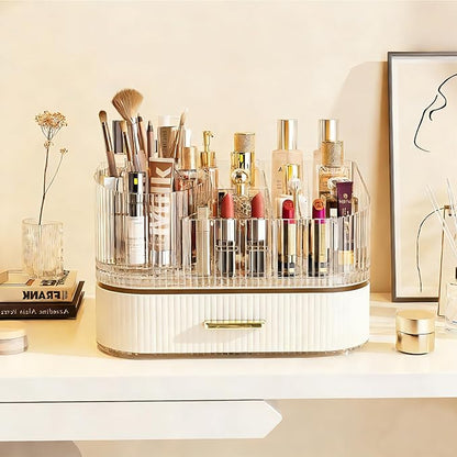 Makeup Organizer with 360° Rotating Brush Holder and Stackable Drawers, Cosmetic Display Case for Vanity, Bathroom Countertop (White, 2 Layer)