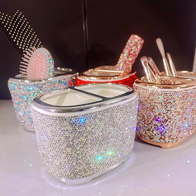Luxury Bling Rhinestone-Embellished Makeup Organizer Box Storage – Large Capacity Cosmetic Brush Lipstick Eyebrow Pencil Storage Box and Desktop Organizer Rack (Silver)