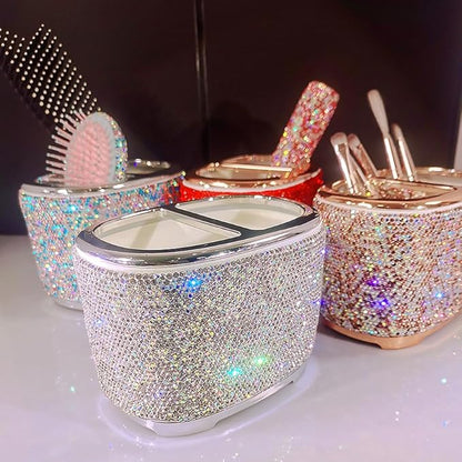Luxury Bling Rhinestone-Embellished Makeup Organizer Box Storage – Large Capacity Cosmetic Brush Lipstick Eyebrow Pencil Storage Box and Desktop Organizer Rack (Silver)