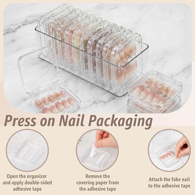 Clear Press On Nail Storage Containers 12-Pack Stackable Cases, Press Ons Nail Packaging Organizer Case, Acrylic Tips and Fake Nails Display Box for Travel and Salon Use (Clear 06)