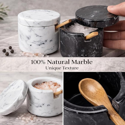 FoldTier 2 Set Marble Salt Cellar with Lid and Wooden Spoon Handcrafted Marble Salt Container Natural Spice Jars White Gray for Pepper Seasonings Small Round for Kitchen