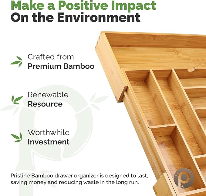 Pristine Bamboo Silverware Organizer - Expandable Kitchen Drawer Organizer - Adjustable Kitchen Drawer Organizer for Utensils, Expandable to 22 Inches Wide, 10 Compartments, Silverware Tray for Drawer