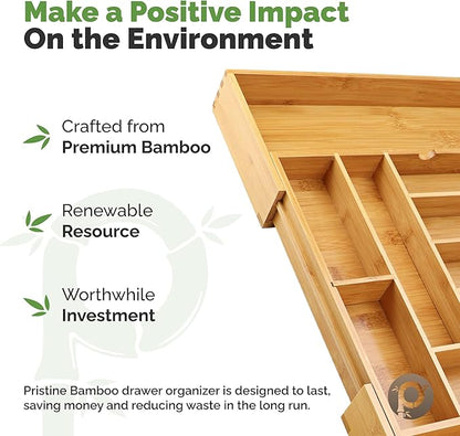 Pristine Bamboo Silverware Organizer - Expandable Kitchen Drawer Organizer - Adjustable Kitchen Drawer Organizer for Utensils, Expandable to 22 Inches Wide, 10 Compartments, Silverware Tray for Drawer