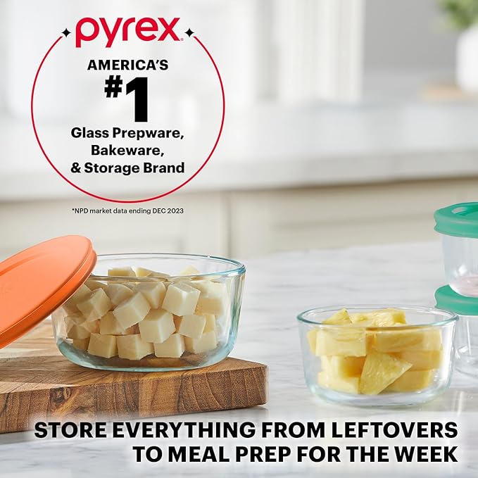 Pyrex Simply Store (8-Pack) Small Glass Food Storage Containers Set, (1 & 2 Cup) Meal Prep Containers With Plastic BPA-Free Lids, Dishwasher & Microwave Safe