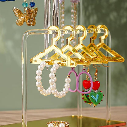 NiHome Glitter Acrylic Earring Holder with Unique Double-Tiered Design, Miniature Clothing Hangers with Spacious Storage for 48 Pairs, Mirror-Finish Display for Home Vanity & Retail Showrooms(Gold)