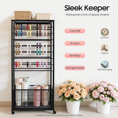 Ribbon Organizer Rack, Double Sided 16-Tier Ribbon Holder Organizer Rack, Flower Wrapping Paper Storage Stand, Scarf Tie Belt Towel Display Shelf Sewing Station Cart (Black)