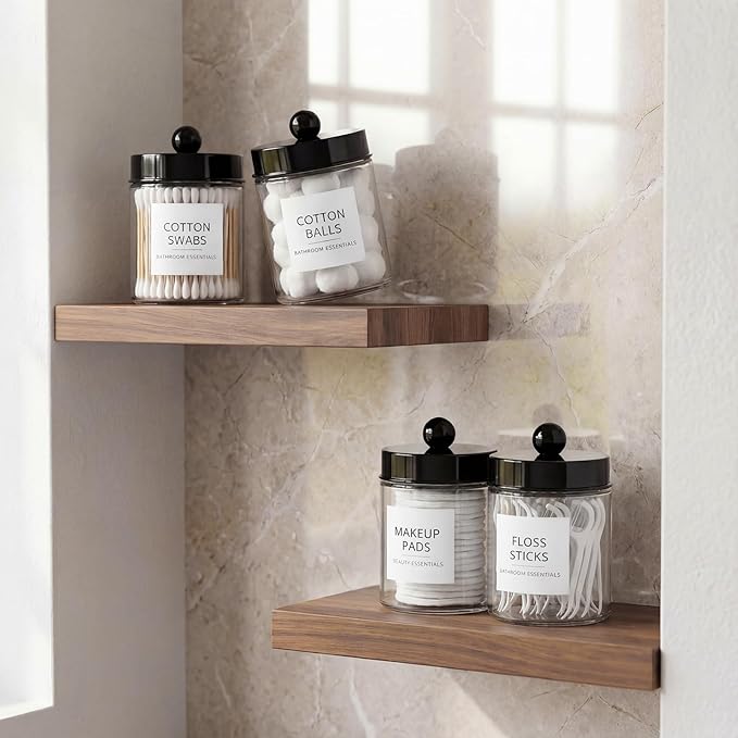 Amolliar 4 Pack Qtips Dispenser Holder - Bathroom Countertop Storage Organizer Containers - Glass Apothecary Jars with Black Plastic Lid for Q-tips Cotton Balls, Swabs, Round Pads, Floss