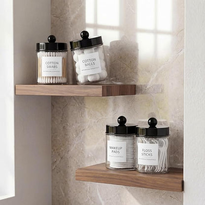 Amolliar 4 Pack Qtips Dispenser Holder - Bathroom Countertop Storage Organizer Containers - Glass Apothecary Jars with Black Plastic Lid for Q-tips Cotton Balls, Swabs, Round Pads, Floss