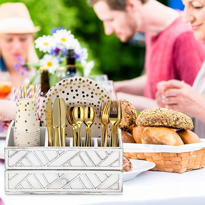 Marsui Paper Plate Dispenser, Wood Rustic Paper Plate Holder for Countertop with Drawer Silverware Utensil Caddy, Cutlery Flatware Organizer for Spoon Fork Napkins Kitchen Parties(Retro Aged White)