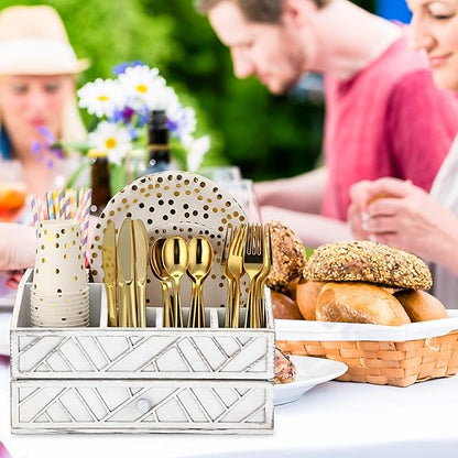 Marsui Paper Plate Dispenser, Wood Rustic Paper Plate Holder for Countertop with Drawer Silverware Utensil Caddy, Cutlery Flatware Organizer for Spoon Fork Napkins Kitchen Parties(Retro Aged White)