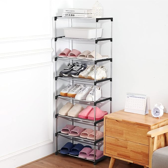 Small Shoe Rack, Narrow Stackable Shoe Shelf Organizer for Entryway, Doorway and Bedroom Closet (3-Tier, Black)