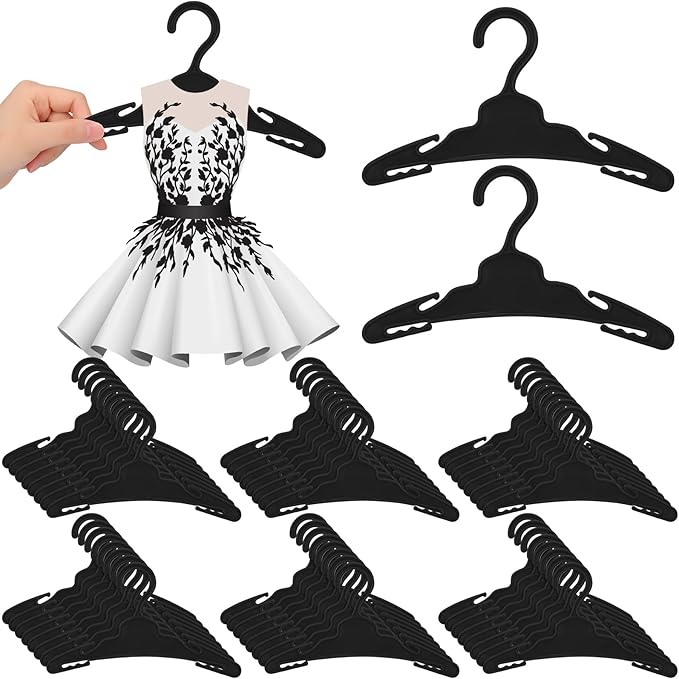 Soulchen 50 Pcs Doll Clothes Hangers for 18 Inch Dolls, Black Plastic Clothes Hangers with Non-Slip Clips, Space-Saving Wardrobe Accessories for Gown Dress Outfit