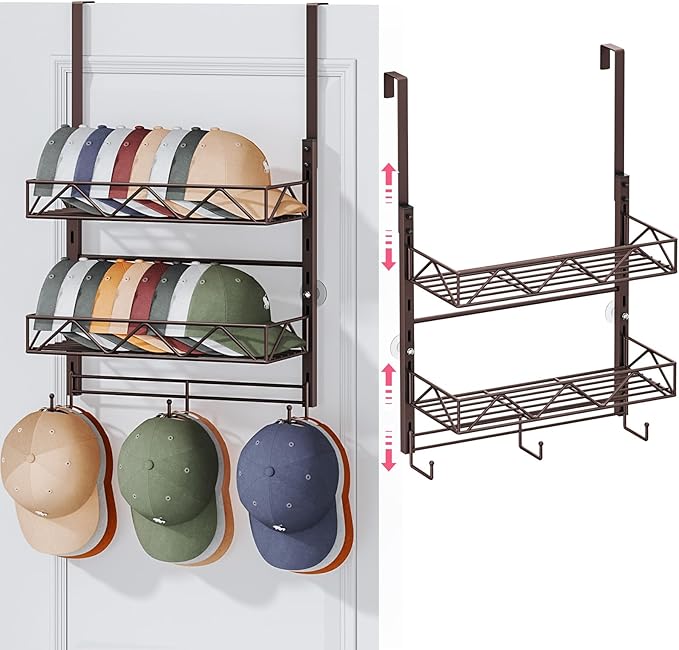 SWTYMIKI Over Door Hat Organizer - 3 Tier Wall Mounted Hat Rack with 2 Adjustable Metal Basket and 3 Hooks, Hanging Baseball Cap Organizer Storage Holds up to 29 Caps for Door, Bedroom, Closet