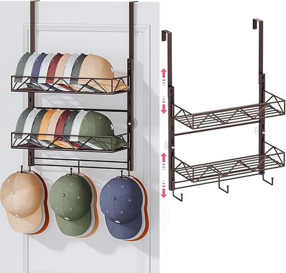 SWTYMIKI Over Door Hat Organizer - 3 Tier Wall Mounted Hat Rack with 2 Adjustable Metal Basket and 3 Hooks, Hanging Baseball Cap Organizer Storage Holds up to 29 Caps for Door, Bedroom, Closet