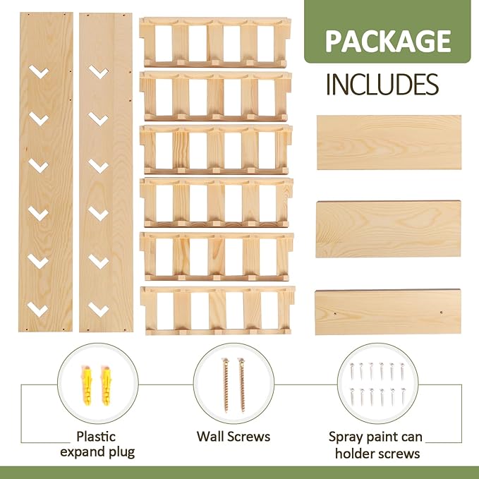6 Tier 24 Can Spray Paint or Lube Can Wall Mount Storage Holder Rack Lube Holder Organization Storage Rack Wood Shelf Case Organizer, 14.2" L x 5" W x 30" H