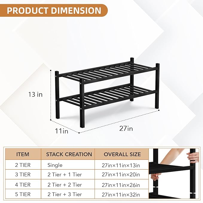 2 Tier Bamboo Shoe Rack Storage Organizer for Closet, Multifunctional Stackable Free Standing Shoe Shelf Organizer for Small Space,Entryway,Hallway,Bathroom 27"x11"x13" (Black, 2 Tier)
