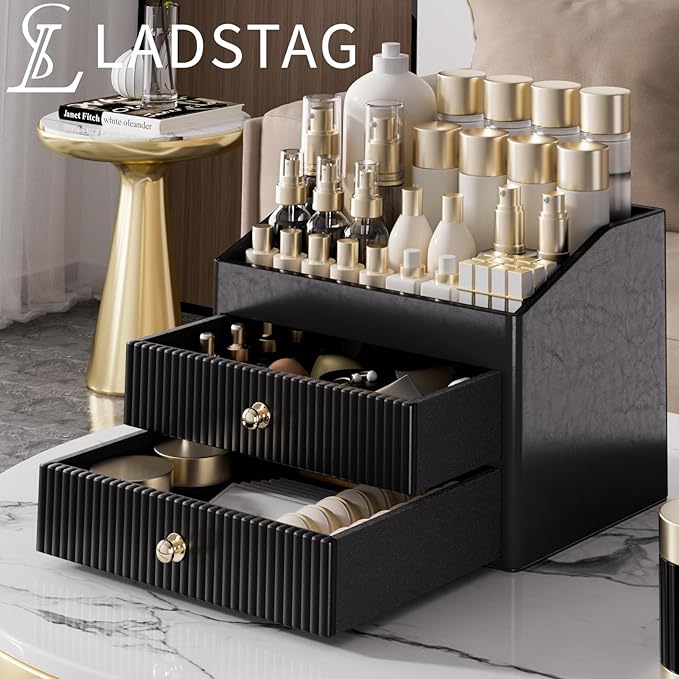 LADSTAG Make up Organizers for Vanity,Leather Makeup organizer for Vanity,Large Capacity Black Vanity Storage for Nail Polish,Bedroom,Bathroom,Gifts for Mom,Unique Gifts for Women