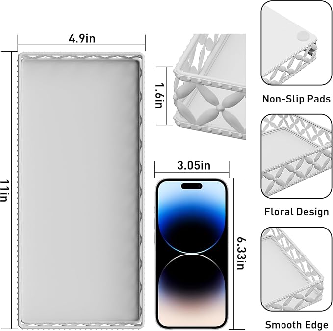 Bathroom Vanity Tray - Small Rectangle Decorative Tray - 11 Inch White Perfume Makeup Tray for Bathroom Counter