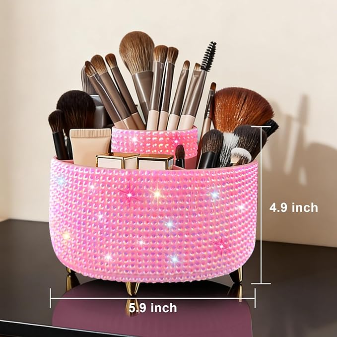 Diesisa Bling Makeup Organizer: 360°Rotating Bling Rhinestone Cosmetic Display Cases -Diamond Makeup Brush Holder - 5 Slot Cup for Cosmetics - Bling Lipstick Organizer - Gift for Women - Diamond Pink