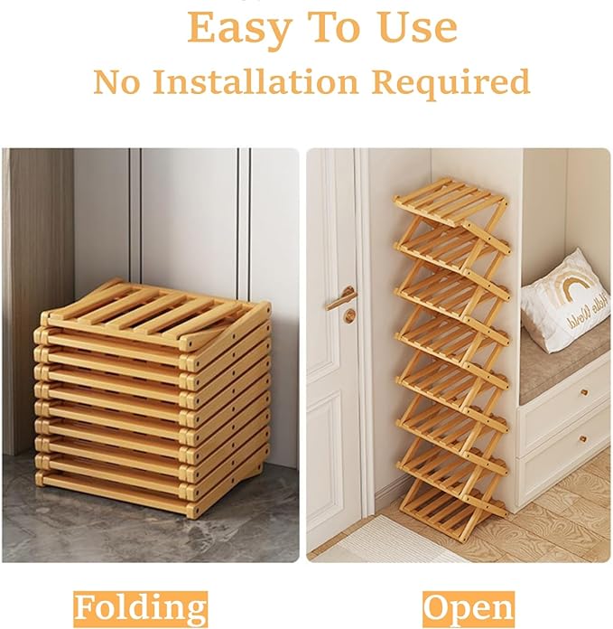Foldable Shoe Rack, Bamboo Vertical Shoe Organizer Tall for Small Spaces. Multifunctional Narrow Shoe Shelf for Entryway, Closet, Corner, Bedroom, Hallway, Wood Color 6 Layers