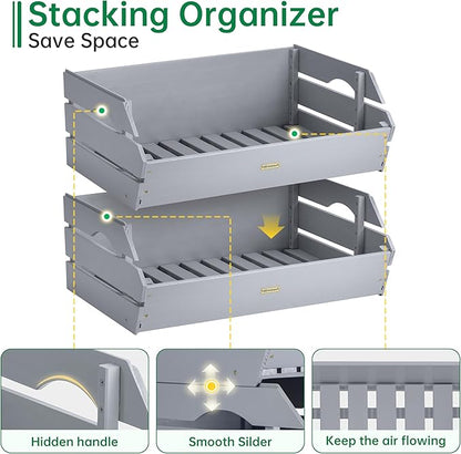 HABAU Potato Onion Storage Bin - Wood Stackable Produce Basket with Handles - Fruit and Vegetable Storage for Kitchen and Pantry Counter Organization - 2 Pack
