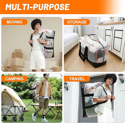 8 Pack Moving Bags, 115lb Capacity Heavy Duty Storage Bag with Zippers and Strong Handles, Packing Bags with Internal Compression Straps, Alternative to Moving Boxes -103L,Clear and Black