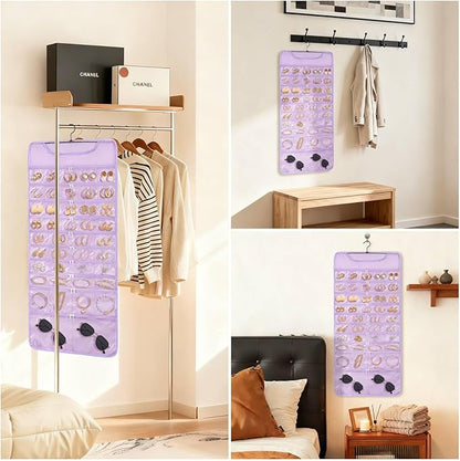 FOREGOER Hanging Jewelry Organizer with 88 Zippered Pockets, Dustproof Foldable for Travel, Accessories Organizer for Holding Jewelries Earring Organizers and Storage (Purple)