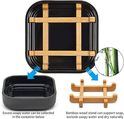 Bamboo Soap Dishes for Bar Soap Holders for Shower for Bathroom Sink Bulk Small Wooden Soap Tray Jabonera Pretty Neat Ventilated Soap Dish Disj Disk, Detachable (Single Rounded Black)