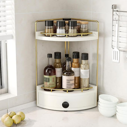 2-Tier Corner Bathroom Counter Organizer with Drawer & Embedded Screw Holes - Wooden Countertop Organizers for Skincare, Makeup Storage, Bathroom Sink Counter Shelf for Vanity, Kitchen, White Gold