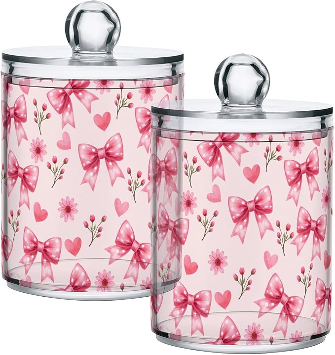 ALAZA 2pcs Pink Bow and Pink Flowers Pattern Qtip Holder Dispenser 14 oz Bathroom Storage Clear Apothecary Jars Containers Cotton Ball,Cotton Rounds,Floss Picks, Hair Clips, Food