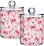ALAZA 2pcs Pink Bow and Pink Flowers Pattern Qtip Holder Dispenser 14 oz Bathroom Storage Clear Apothecary Jars Containers Cotton Ball,Cotton Rounds,Floss Picks, Hair Clips, Food