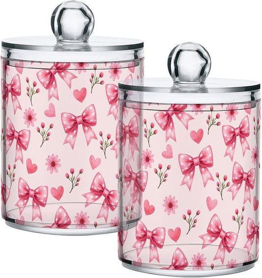 ALAZA 4pcs Pink Bow and Pink Flowers Pattern Qtip Holder Dispenser 14 oz Bathroom Storage Clear Apothecary Jars Containers Cotton Ball,Cotton Rounds,Floss Picks, Hair Clips, Food