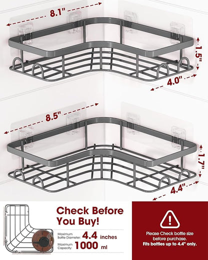 Sakugi Corner Shower Caddy - 2 Pack, Adhesive Shower Organizers, Rustproof Stainless Steel Shower Shelves with 8 Hooks, No Drilling Bathroom Organizers and Storage Racks, Space-Saving, Grey, Medium