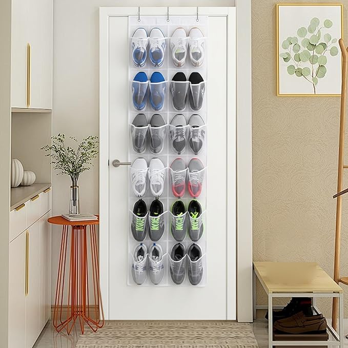 Shoe Hanger for Door, 24 Mesh Pocket Over the Door Organizer, Space Saving Hanging Storage Holder (64x19 Inch, White)