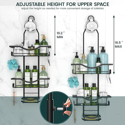 Shower Caddy Hanging Adjustable Shower Caddy, Rustproof Shower Organizer Extended Length Shower Caddies Over Shower Head with Hooks Soap Holder, Large Capacity Anti-Swing Bathroom Storage, Black