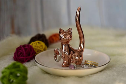Rose Gold Lucky Kitten Rings Holder Jewelry Storage Dish Trinket Tray Decorative