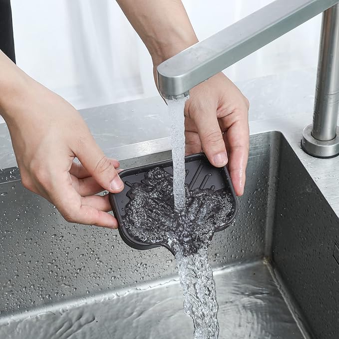 MicoYang Silicone Bathroom Soap Dishes with Drain Spout-Bathroom and Kitchen Sink Organizer,Sponge Holder,Dish Soap Tray,Perfect for Dispenser,Scrubber,Bottle,Cup on Sink or Counter-Coffee 4.9"×3.2"