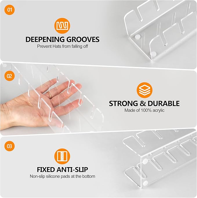 Baseball Caps Hat Stand & Holder Organizer, Acrylic No-Install Rack Closet Display, Storage for 14 Caps (2 Pack)