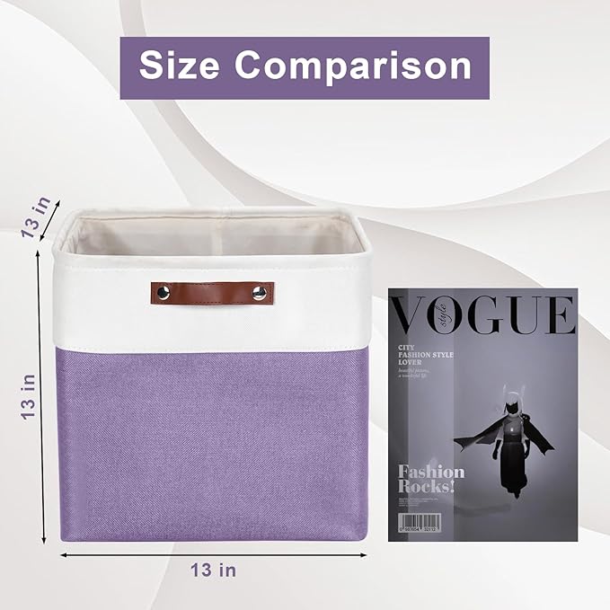 Bagnizer 13x13 Cube Storage Bins, Collapsible Fabric Storage Box, 4 Pack Closet Baskets with Handles for Organizing, Shelf, Toys, Clothes, Home, Office, Nursery (Purple&White)
